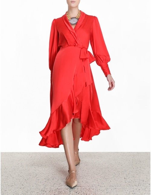 Silk Wrap Dress Midi (Red)