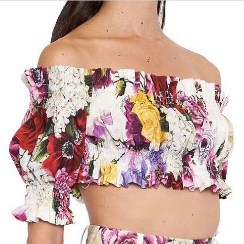 Dolce & Gabanna Floral Mini Skirt & Off Shoulder Top