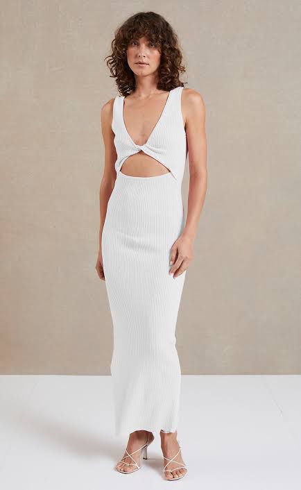 Riviera Knit Twist Midi Dress (White)